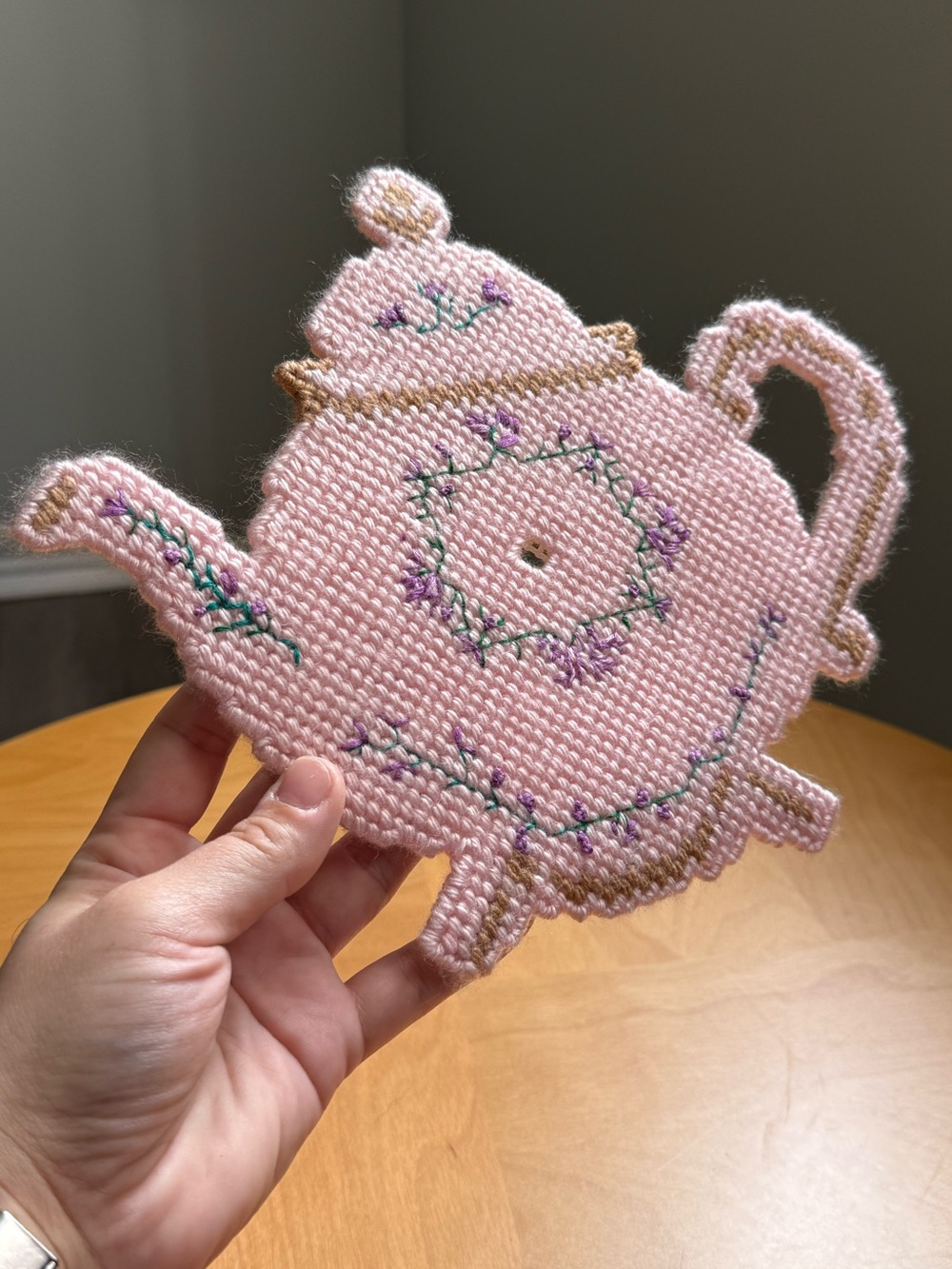 Vintage Teapot Trivet Pink Vintage Handmade Canvas Cross Stitched Needlework